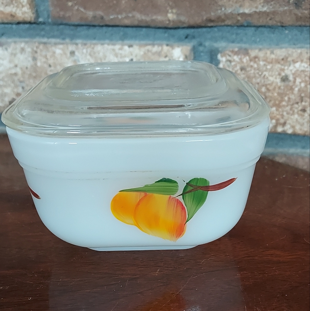 Fire King Fruit Gay Fad Small Refrigerator Dish with Cover USA Hand Painted 4”